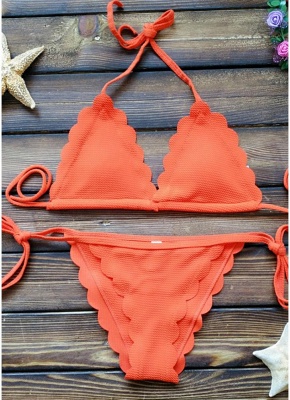 Hot Women Solid Scalloped Halter Bodycon Strappy Swimsuits UK Bikini Set UK_2