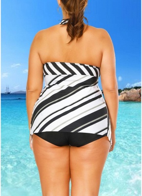Plus Size Striped Print Asymmetrical Hem Bikini Set_5
