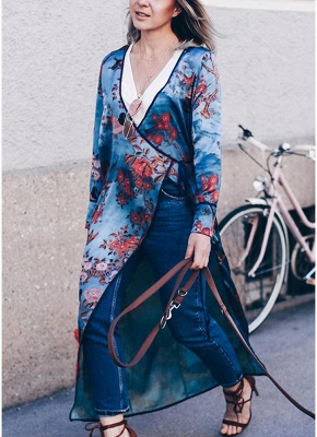 Retro Women Kimono Floral Bird Print V Neck Tied Ethnic Oriental Outerwear_2
