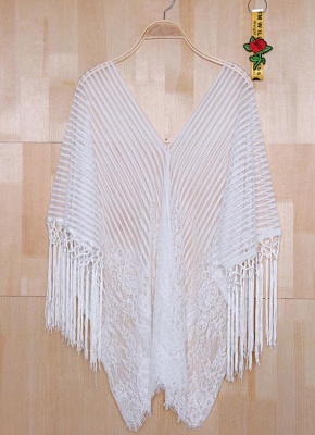 white one size Sheer Lace Tassel Kaftan Beach Cover Up_5