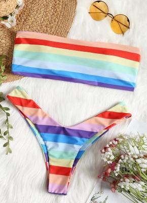 Women Summer Rainbow Striped Bikini Set UK Swimsuits UK Bathing Suit UK Beachwear Biquini Set_1