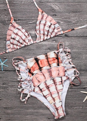 Womens Tank top Bikini Set Halter Plaid Print Padded Bandage Criss Over High Waist Hot Swimsuit_1