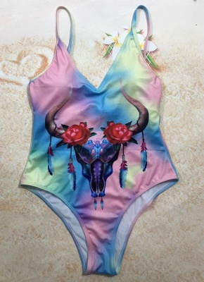 Modern Women Colorful Bull Tie Dye Plunge V Padded Push Up One Piece Swimsuit_5