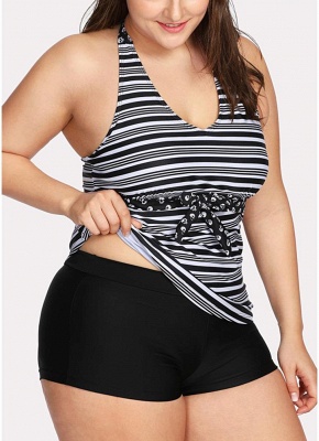 Modern Women Plus Size Swimsuit Halter Striped Print Backless Two-Piece Bikini Swimwear_4