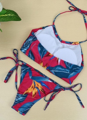 Floral Print Halter Wireless Padded Two Piece Bikini Set Swimwear_7