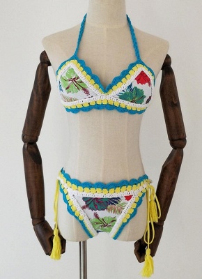 Crochet Knit Floral Halter Bodycon Bikini Set UK_2