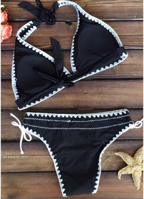 Womens Bathing Suit Halter Bandage Sexy Open Back Padded Wireless Swimsuit Beach Wear Bikini Set_1
