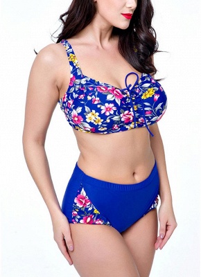 4xl Plus Size Floral Print High Waist Drawstring Front Swimsuits_4