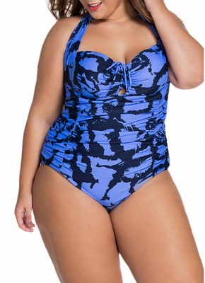 Print Plus Size Halter Tie Wireless Padded Monokini Swimsuit_5