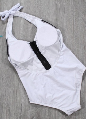 Hot Women Black White Monokini Solid Hatler Front Zip Sexy Backless Bathing Suit UK_4