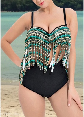 Modern Women Two Pieces Plus Size Swimsuits High Waist Fringing Front Print_2