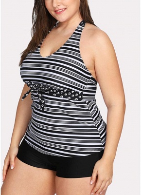 Modern Women Plus Size Swimsuit Halter Striped Print Backless Two-Piece Bikini Swimwear_5