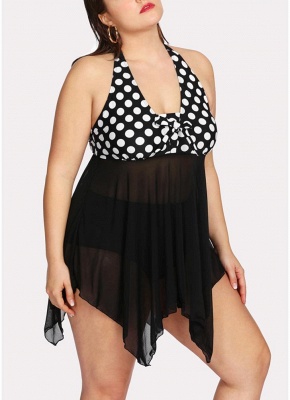 Plus Size Polka Dot Sheer Mesh Halter Neck Backless Sleeveless Swimsuit_4