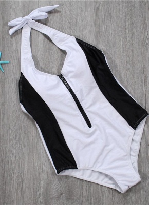 Hot Women Black White Monokini Solid Hatler Front Zip Sexy Backless Bathing Suit UK_3