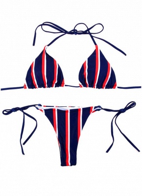 Halter Push Up Striped Tie Waist Padded Womens Bikini Set_4