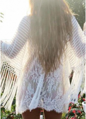 white one size Sheer Lace Tassel Kaftan Beach Cover Up_4