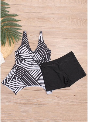 Modern Women Plus Size Striped Tankini Set Padding Shoulder Strap Beachwear Swimwear Swimsuit_4
