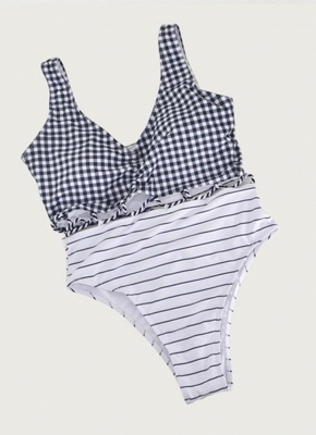 Stripe Plaid Hollow Out Bandage One Piece Swimsuit_3