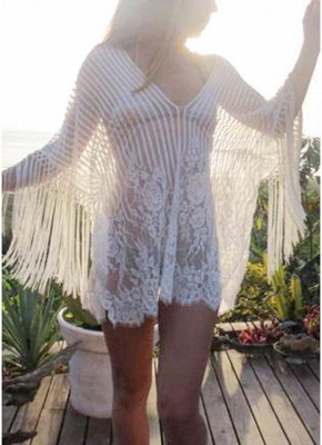 white one size Sheer Lace Tassel Kaftan Beach Cover Up_3