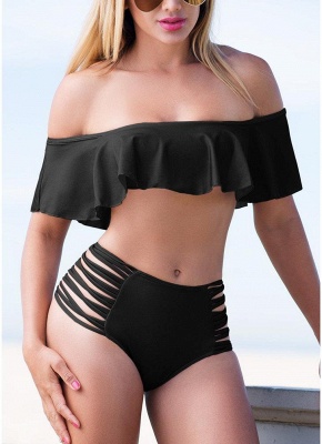 Women Bikini Set UK Off the Shoulder Ruffles Hollow Out Side Cross StrapsHot_5