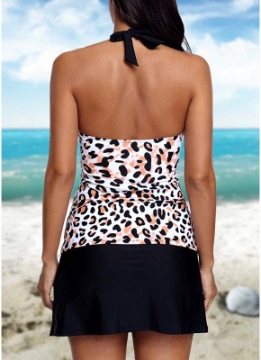 Hot Women Halter Leopard Flyaway Tankini Top And Solid Skirted Bathing Suit UK_3