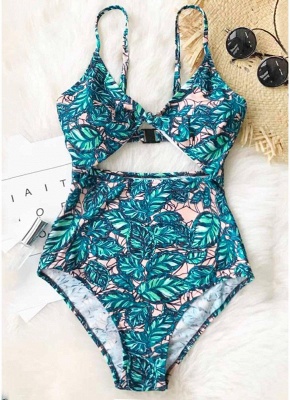 Womens Wave Ripple Print Tie Cut Out Padded Push Up One-Piece Swimsuit_4
