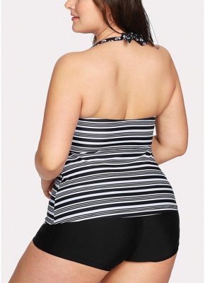 Modern Women Plus Size Swimsuit Halter Striped Print Backless Two-Piece Bikini Swimwear_3