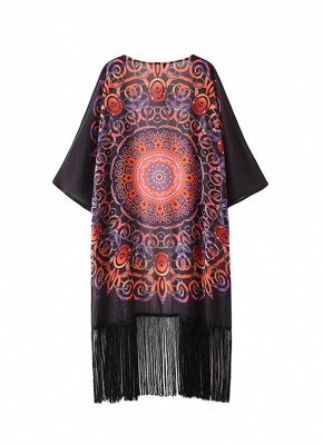 Chiffon Geometric Print Fringe Loose Long Kimono_4