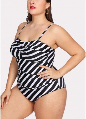 Plus Size Striped Shoulder Strap Sleeveless One Piece Swimsuit_3