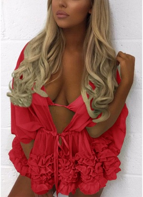 Women Bikini UK Cover Up Chiffon Solid Batwing Sleeve Ruffle Hot Holiday Wear_2