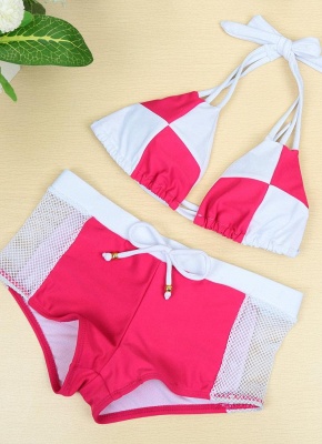 Hot Color Block Halter Padded Tank Top Rose Bikini Set UK_1