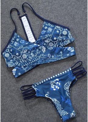 Modern Women Bikini Set Floral Print Cross Over Bandage Wireless Bathing Suit Swimsuits Two Piece Beach Wear_3