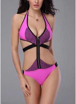 Front Zipper Sexy Open Back Cut Out Low Waist Womens One Piece Swimsuit_1