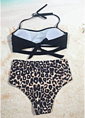 Hot Womens Leopard Print Halter Cutout High Waist Bikini Set_4