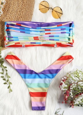 Women Summer Rainbow Striped Bikini Set UK Swimsuits UK Bathing Suit UK Beachwear Biquini Set_3