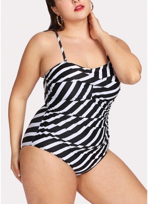 Plus Size Striped Shoulder Strap Sleeveless One Piece Swimsuit_4