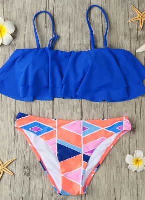 Removable Strap Ruffled Padded Top Geometric Print Bottom Bandeau Bikini UK_1