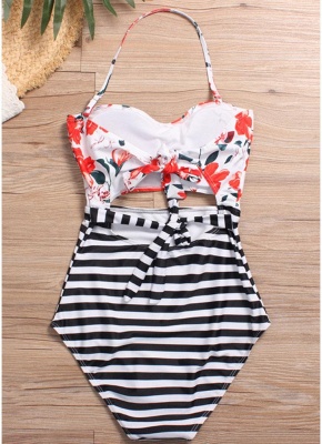 Floral Striped Halter One Piece Swimsuit_4
