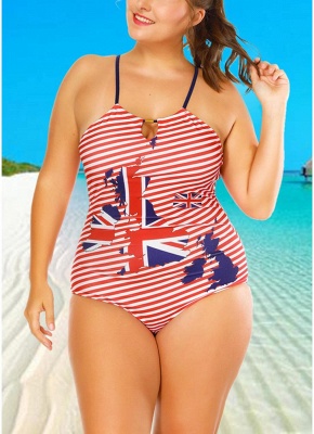 Plus Size Striped Flag Halter Hollow Out One Piece Swimsuit_1