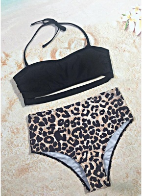 Hot Womens Leopard Print Halter Cutout High Waist Bikini Set_3