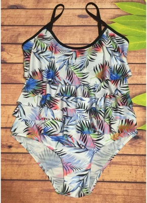 Womens One Piece Swimsuit Sexy Open Back Bathing Suit Leaf Print Ruffle Layer Swimsuit_4