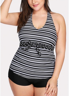 Modern Women Plus Size Swimsuit Halter Striped Print Backless Two-Piece Bikini Swimwear_1