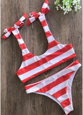 Striped Print Bow Top Bottom Bikini Set UK_1