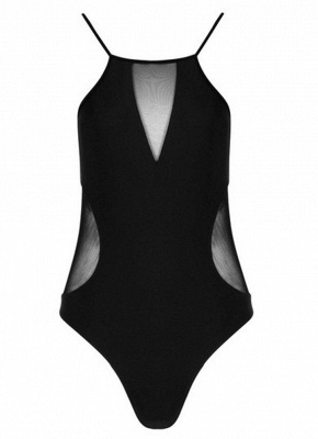 Solid Sheer Mesh Splicing V Shape Spaghetti Strap Sexy Open Back One Piece Swimsuit_4