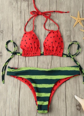 Hot Halter Watermelon Print Padded Wireless Women's Bikini UK_3