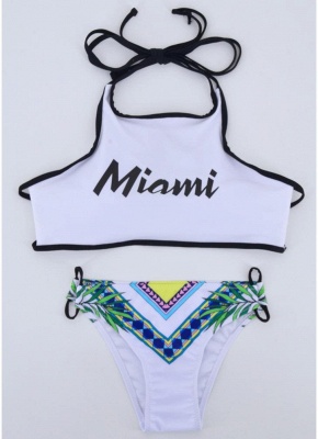 Letters Print Halter Tie Backless Padded Two Pieces Swimsuit_3