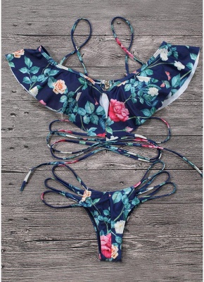 Hot Women Floral Frill Overlay Bikini Set UK_4