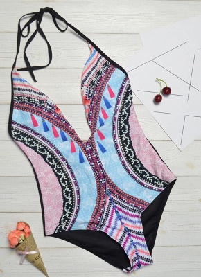 Colorful Geometric Tassel Print Plunge V Halter Sexy Open Back Push Up One Piece Swimsuit_4