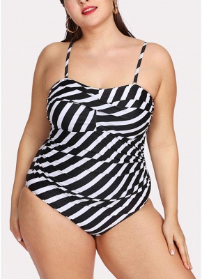 Plus Size Striped Shoulder Strap Sleeveless One Piece Swimsuit_1