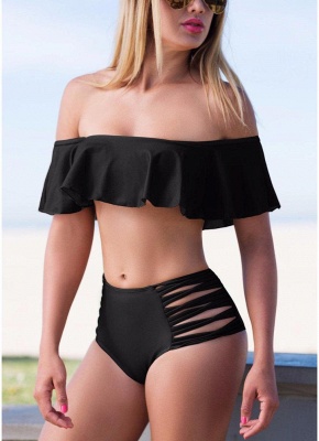 Women Bikini Set UK Off the Shoulder Ruffles Hollow Out Side Cross StrapsHot_6